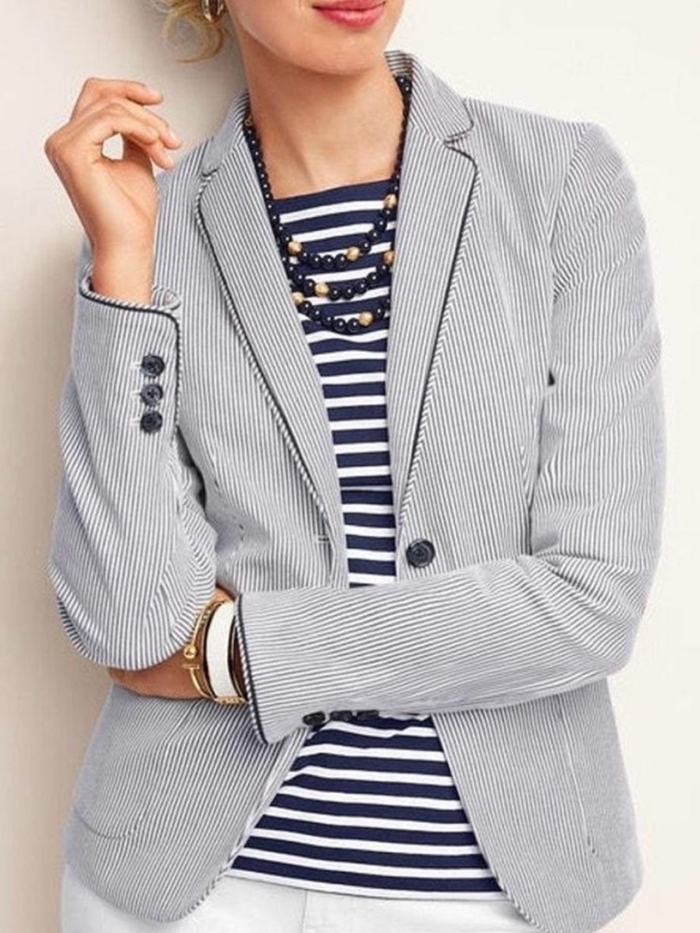 Talbots Pinstriped Seersucker Piped Cotton Blazer | 22W